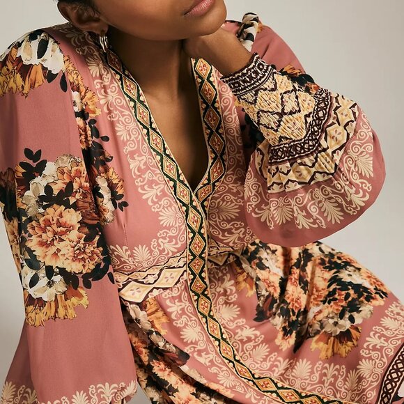 Anthropologie Vineet Bahl Embroidered Long Sleeve Rose Print Dress - Picture 5 of 8